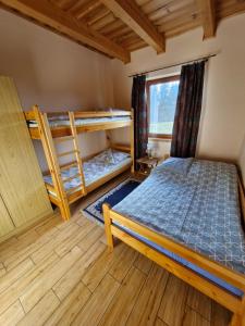 sypialnia z 2 łóżkami piętrowymi i oknem w obiekcie Żwirowa Góra - Domki nad Narwią w Tykocinie