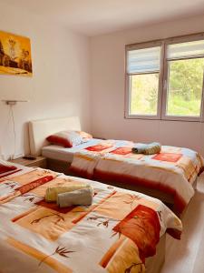 een slaapkamer met 2 bedden en 2 ramen bij Zeleni Dvor in Ribarska Banja