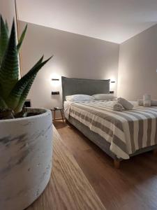 1 dormitorio con 1 cama y una maceta en Morfeas Hotel, en La Canea