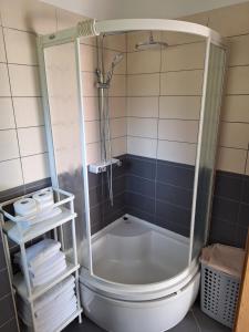 La salle de bains est pourvue d'une douche et de toilettes. dans l'établissement Pension Oaza, à Hvar