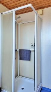 a shower with a glass door in a bathroom at Quiet and cozy apartment close to nature in villa. in Tilst