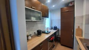 eine Küche mit Holzschränken und einer Arbeitsplatte in der Unterkunft Miejscówka nad morzem Nice two room apartment near the sea in Danzig