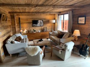 プラ・ルーにあるLe Lodge de Molanes - Pra Loup 1500のリビングルーム(ソファ、椅子、テレビ付)