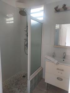 baño blanco con ducha y lavamanos en Location Dampierre en Le Gosier