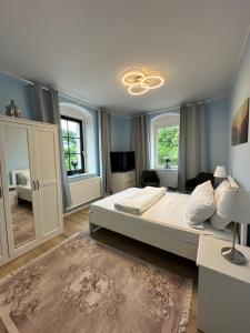 a bedroom with a large bed and a mirror at Amara.Festsaal.Gasthaus.Pension in Mohorn
