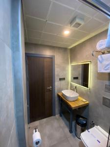 een badkamer met een wastafel en een spiegel bij Amorium Hotel in Kastamonu