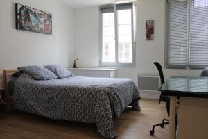 ブザンソンにあるAPPARTEMENT CENTRE HISTORIQUEのベッドと机と2つの窓がある寝室