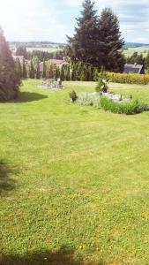 un champ d'herbe avec une table de pique-nique au loin dans l'établissement Ohrazenice 103, à Turnov