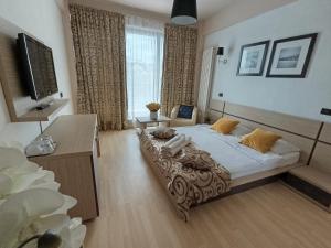 a bedroom with a large bed and a television at Vila Sangria in Mamaia Nord