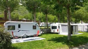 eine Gruppe von Wohnmobilen auf einem Feld mit Bäumen in der Unterkunft Bungalows Nou Camping in La Guingueta d'Àneu