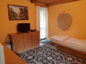 Chata Rynartice 7 في جيتريتشفيسيه: غرفة معيشة مع تلفزيون على خزانة خشبية
