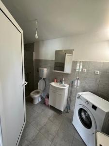 a bathroom with a washing machine and a toilet at Pearl Cottage Ada Bojana in Ulcinj