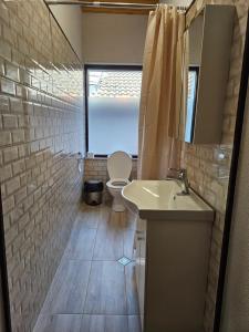 a bathroom with a sink and a toilet and a window at Cozy Rooms in Vratsa by Georgievi in Vratsa