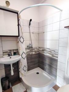 a bathroom with a shower and a toilet and a sink at Caesar Residence in Budapest