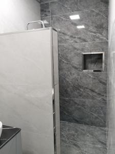 a shower with a glass door in a bathroom at Raffles Villa with pool in Gabala