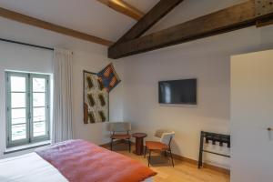 a bedroom with a bed and a tv and a table at Domaine de Panery in Pouzilhac