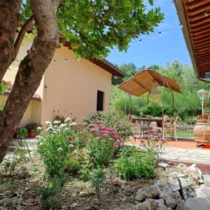 eine Terrasse mit einem Tisch und einem Sonnenschirm in der Unterkunft Guest House Torre Guelfa in Figline Valdarno
