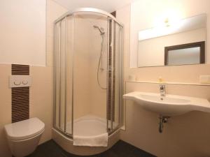 uma casa de banho com um chuveiro, um lavatório e um WC. em Fränkischer Hof --- Hotel in Pegnitz --- Schlabecks Fränkischer Hof em Pegnitz