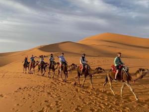 a group of people riding camels in the desert at Yellow Luxury Camp in Merzouga