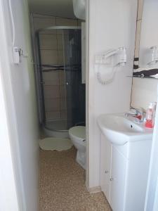 La salle de bains est pourvue d'une douche, de toilettes et d'un lavabo. dans l'établissement Domki Letniskowe BŁĘKIT, à Gąski