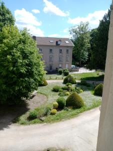 a garden in front of a building with bushes and trees at Studio Continental côté jardin in Vittel