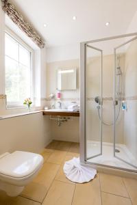 La salle de bains est pourvue d'une douche, de toilettes et d'un lavabo. dans l'établissement Café Wildau Hotel & Restaurant am Werbellinsee, à Schorfheide
