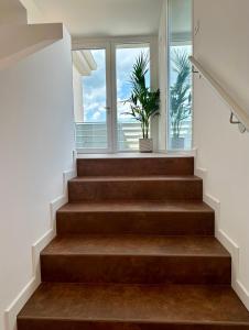 una escalera con alfombras marrones y una ventana en LA ROSA DEL SILE, en Quarto dʼAltino