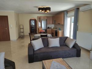 Una sala de estar con un sofá y una cocina. en Capital Apartment Iraklitsa, en Nea Iraklitsa