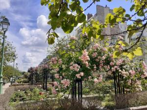 a garden of flowers with a castle in the background at Marie et Igor in Paris