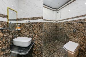 two pictures of a bathroom with a toilet and a sink at FabHotel Saalt Bandhan Resort in Muzaffarpur