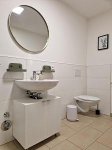 a bathroom with a sink and a toilet and a mirror at Loftfeeling, Parkplatz, WLAN, Diak, Würth in Schwäbisch Hall