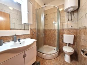 La salle de bains est pourvue d'une douche, de toilettes et d'un lavabo. dans l'établissement Villa Aquarium, à Baška