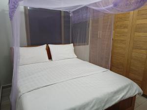 a bedroom with a white bed with a canopy at Grand Grove Villa in Jinja