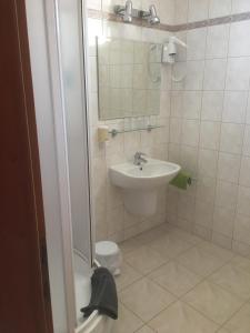 y baño pequeño con lavabo y ducha. en Bakony Panzió en Tótvázsony