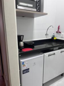 a kitchen with a sink and a microwave at Apartamento perto do Museu do Amanhã in Rio de Janeiro