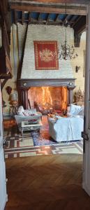 a living room with a fireplace and a fire place at Chateau de la Grand'Maison in Bellême