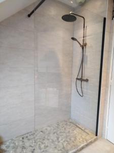 a shower with a glass door in a bathroom at CHEZ HÉLÈNE in Saint-Coulomb