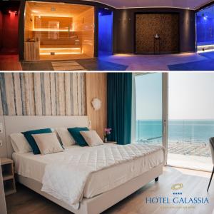a bedroom with a large bed with a view of the ocean at Hotel Galassia Suites & Spa in Lido di Jesolo