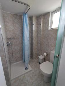 a bathroom with a shower and a toilet at VILLA AGIA AIKATERINI in Amoudi +69 photos