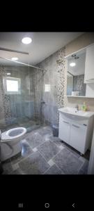 y baño con aseo, ducha y lavamanos. en View Topia Apartments en Ohrid