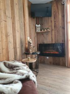 a living room with a couch and a fireplace at Le Carrousel 4-6p Plein centre in Gérardmer