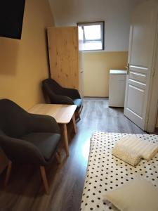 a room with two chairs and a table and a refrigerator at Gulyás Vendégház in Tiszafüred