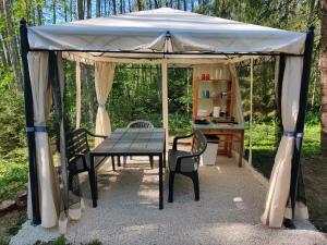 にあるLonni camping in natureのテント(テーブル、椅子2脚、デスク付)