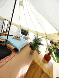 にあるZEN Relaxing Villageのテント付きの客室で、ベッド1台とテーブルが備わります。