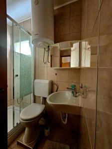 a bathroom with a toilet and a sink and a shower at Apartmani Grgić in Trogir +52 photos