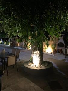 a tree with a light on it next to a table at luxury studios ath in Limenas