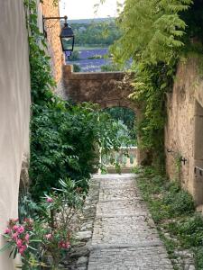 an alley way in an old town with flowers at La tour de Grignan in Grignan