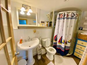 a bathroom with a sink and a toilet and a shower curtain at Clear Pond Suite in Plymouth