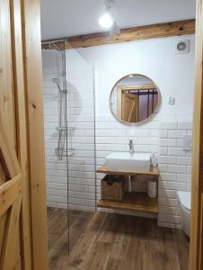 a bathroom with a sink and a mirror at MaGórka in Krempna