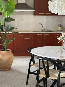 a kitchen with a table and a potted plant at Nice, spacious and bright apartment in Thermi, Thessaloniki. in Thérmi